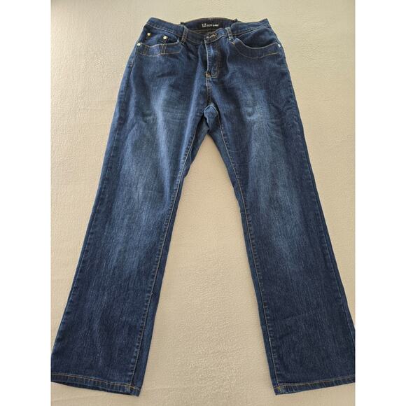 Wave Jeans Womens Size 16 Dark Blue Denim Stretch Straight Leg Embroidered Zip - Picture 1 of 10